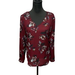 Maurices M Dark Red Floral Long Sleeve V Neck Cross Back Blouse